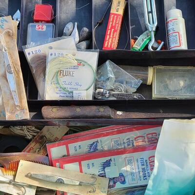 Lot 421: Vintage Fishing Supplies: Igloo Fishing Cooler, New Salt Water Reel and More