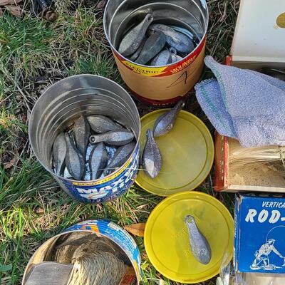 Lot 421: Vintage Fishing Supplies: Igloo Fishing Cooler, New Salt Water Reel and More