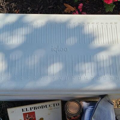 Lot 421: Vintage Fishing Supplies: Igloo Fishing Cooler, New Salt Water Reel and More