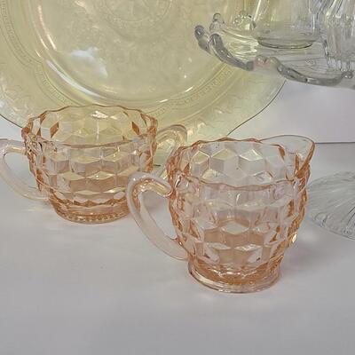 Lot 369: Vintage Glassware: Depression Glass, Cake Stand, Salt & Peppers