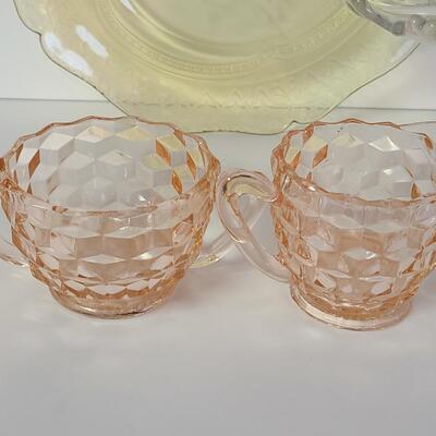 Lot 369: Vintage Glassware: Depression Glass, Cake Stand, Salt & Peppers