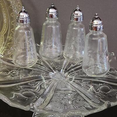 Lot 369: Vintage Glassware: Depression Glass, Cake Stand, Salt & Peppers