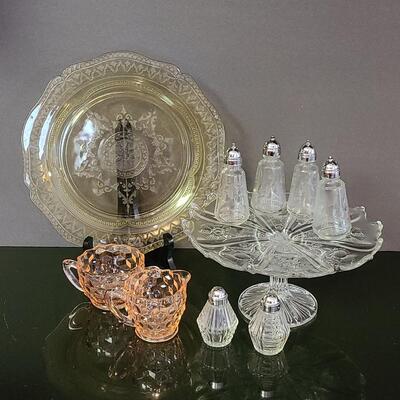 Lot 369: Vintage Glassware: Depression Glass, Cake Stand, Salt & Peppers