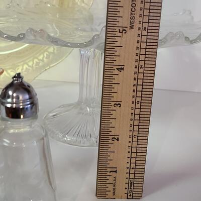 Lot 369: Vintage Glassware: Depression Glass, Cake Stand, Salt & Peppers