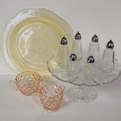Lot 369: Vintage Glassware: Depression Glass, Cake Stand, Salt & Peppers