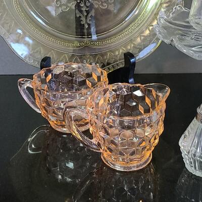 Lot 369: Vintage Glassware: Depression Glass, Cake Stand, Salt & Peppers