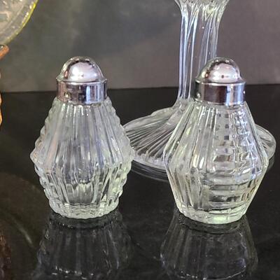 Lot 369: Vintage Glassware: Depression Glass, Cake Stand, Salt & Peppers