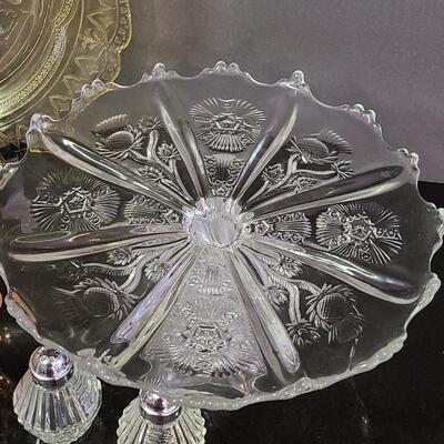 Lot 369: Vintage Glassware: Depression Glass, Cake Stand, Salt & Peppers