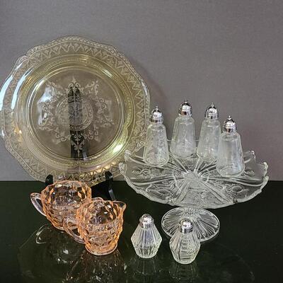 Lot 369: Vintage Glassware: Depression Glass, Cake Stand, Salt & Peppers