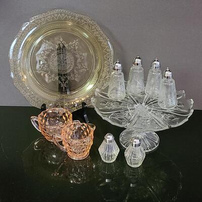 Lot 369: Vintage Glassware: Depression Glass, Cake Stand, Salt & Peppers
