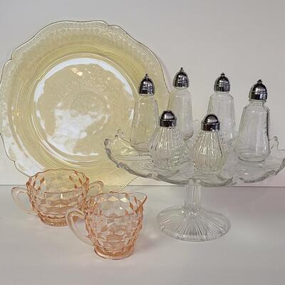 Lot 369: Vintage Glassware: Depression Glass, Cake Stand, Salt & Peppers