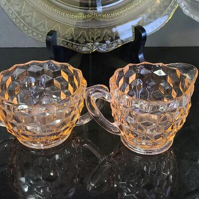 Lot 369: Vintage Glassware: Depression Glass, Cake Stand, Salt & Peppers
