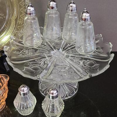 Lot 369: Vintage Glassware: Depression Glass, Cake Stand, Salt & Peppers