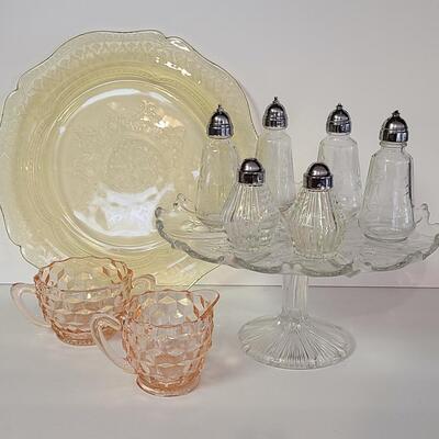 Lot 369: Vintage Glassware: Depression Glass, Cake Stand, Salt & Peppers