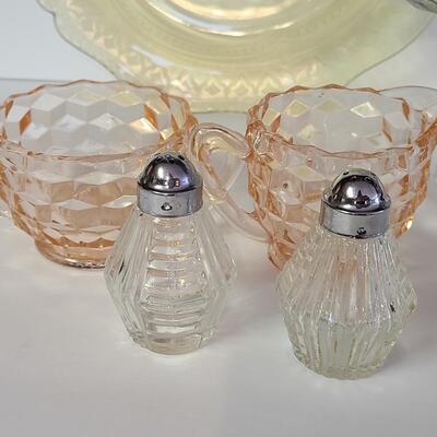 Lot 369: Vintage Glassware: Depression Glass, Cake Stand, Salt & Peppers