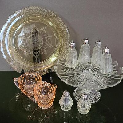 Lot 369: Vintage Glassware: Depression Glass, Cake Stand, Salt & Peppers