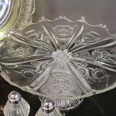 Lot 369: Vintage Glassware: Depression Glass, Cake Stand, Salt & Peppers