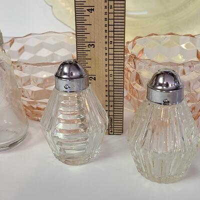 Lot 369: Vintage Glassware: Depression Glass, Cake Stand, Salt & Peppers