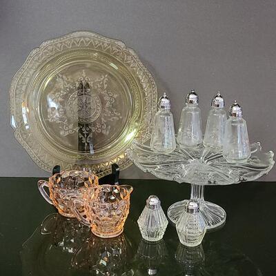Lot 369: Vintage Glassware: Depression Glass, Cake Stand, Salt & Peppers