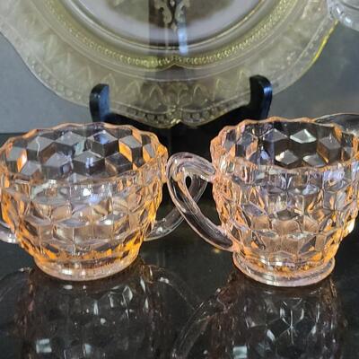 Lot 369: Vintage Glassware: Depression Glass, Cake Stand, Salt & Peppers