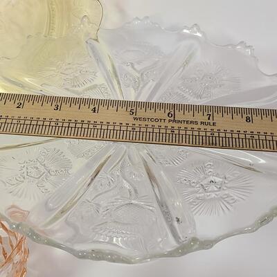 Lot 369: Vintage Glassware: Depression Glass, Cake Stand, Salt & Peppers