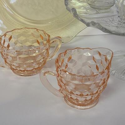 Lot 369: Vintage Glassware: Depression Glass, Cake Stand, Salt & Peppers