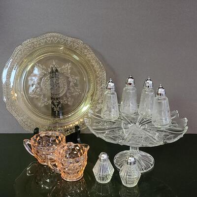 Lot 369: Vintage Glassware: Depression Glass, Cake Stand, Salt & Peppers