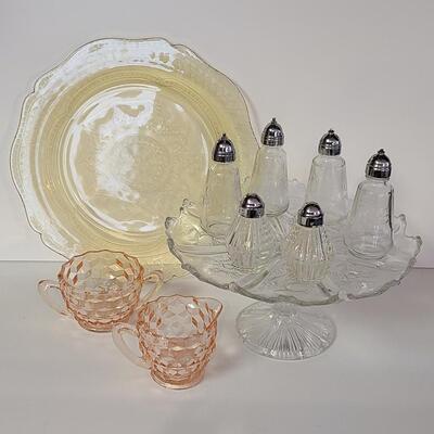 Lot 369: Vintage Glassware: Depression Glass, Cake Stand, Salt & Peppers