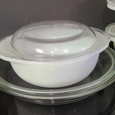 Lot 374: Pyrex Milk Glass  Covered Casseroles, Pie Plates and More