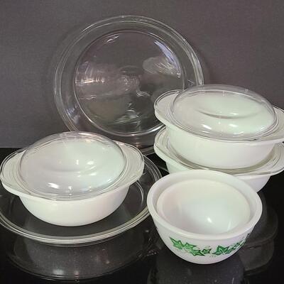 Lot 374: Pyrex Milk Glass  Covered Casseroles, Pie Plates and More