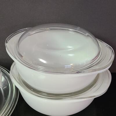 Lot 374: Pyrex Milk Glass  Covered Casseroles, Pie Plates and More