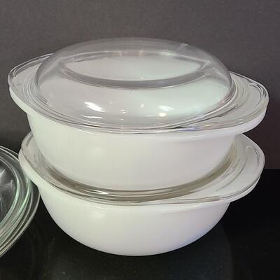 Lot 374: Pyrex Milk Glass  Covered Casseroles, Pie Plates and More