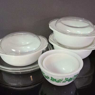 Lot 374: Pyrex Milk Glass  Covered Casseroles, Pie Plates and More