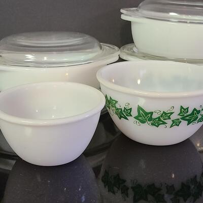 Lot 374: Pyrex Milk Glass  Covered Casseroles, Pie Plates and More