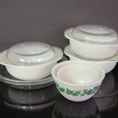 Lot 374: Pyrex Milk Glass  Covered Casseroles, Pie Plates and More