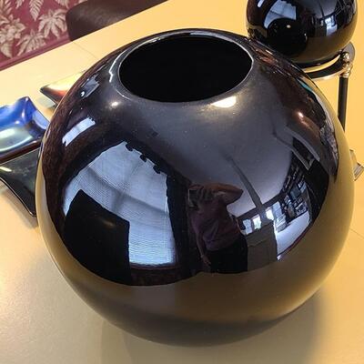 Lot 316: MCM Enesco Glass Coaster, Art Glass Black Ball, and Large Black Vase