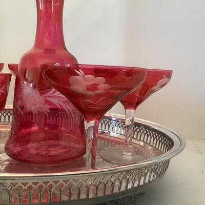 D629 Lot of vintage Ruby Flash Decanter with cordials and footed tray