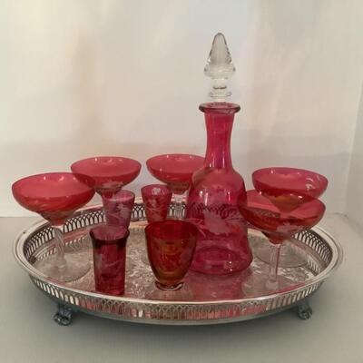 D629 Lot of vintage Ruby Flash Decanter with cordials and footed tray