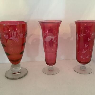 D630 Three Vintage Ruby Flash Glass Vases
