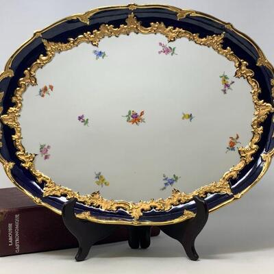 Meissen Porcelain Royal Blue and Heavy Gilt Strewn Flowers Platter