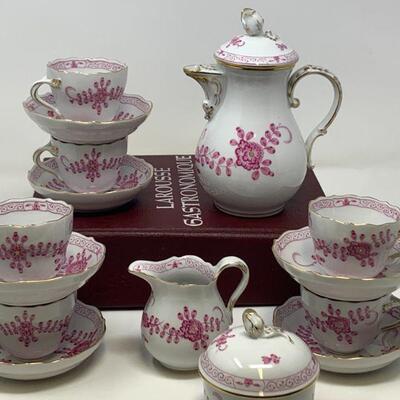 Meissen Porcelain Indian Painting Pink Coffee Tea Set,  Fifteen Piece Set