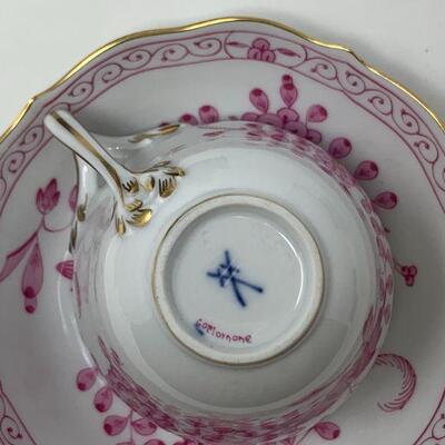 Meissen Porcelain Indian Painting Pink Coffee Tea Set,  Fifteen Piece Set