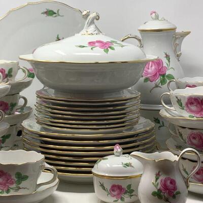 Meissen Pink Rose Porcelain Dinnerware, Sixty-Three Piece Set 