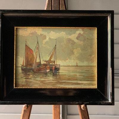 Framed Painting, Three Sailing Vessels At Low Tide, by Hans Harlander (German, 1880-1943), Oil on Panel