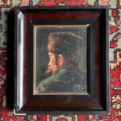 Framed Painting, Head Of Man In Fur Hat (19th century), Oil on Canvas Applied to Board, January 23, 1891