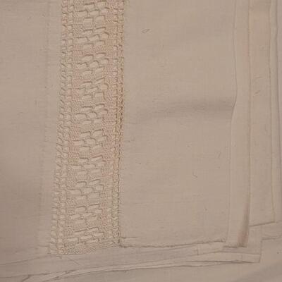 Lot 132: Vintage Handmade Crochet Edge Blue Pillowcases, Eggshell Pillowcases (was tape residue) and (2) White Full Flat Sheet
