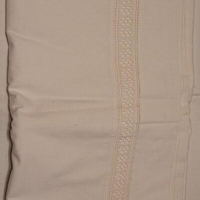 Lot 132: Vintage Handmade Crochet Edge Blue Pillowcases, Eggshell Pillowcases (was tape residue) and (2) White Full Flat Sheet