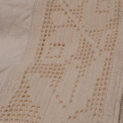 Lot 133: Antique Handmade Trim Round Table Top Tablecloth, Small Square Tablecloth and Table Runner