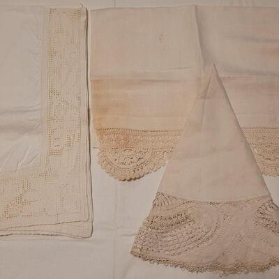 Lot 133: Antique Handmade Trim Round Table Top Tablecloth, Small Square Tablecloth and Table Runner