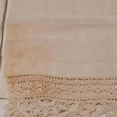 Lot 133: Antique Handmade Trim Round Table Top Tablecloth, Small Square Tablecloth and Table Runner